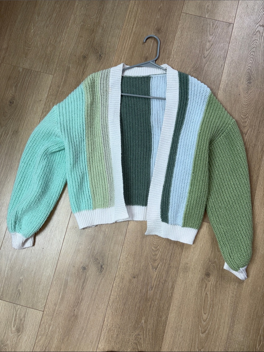 Striped Green Knit Open-Front Women's Cardigan Sweater